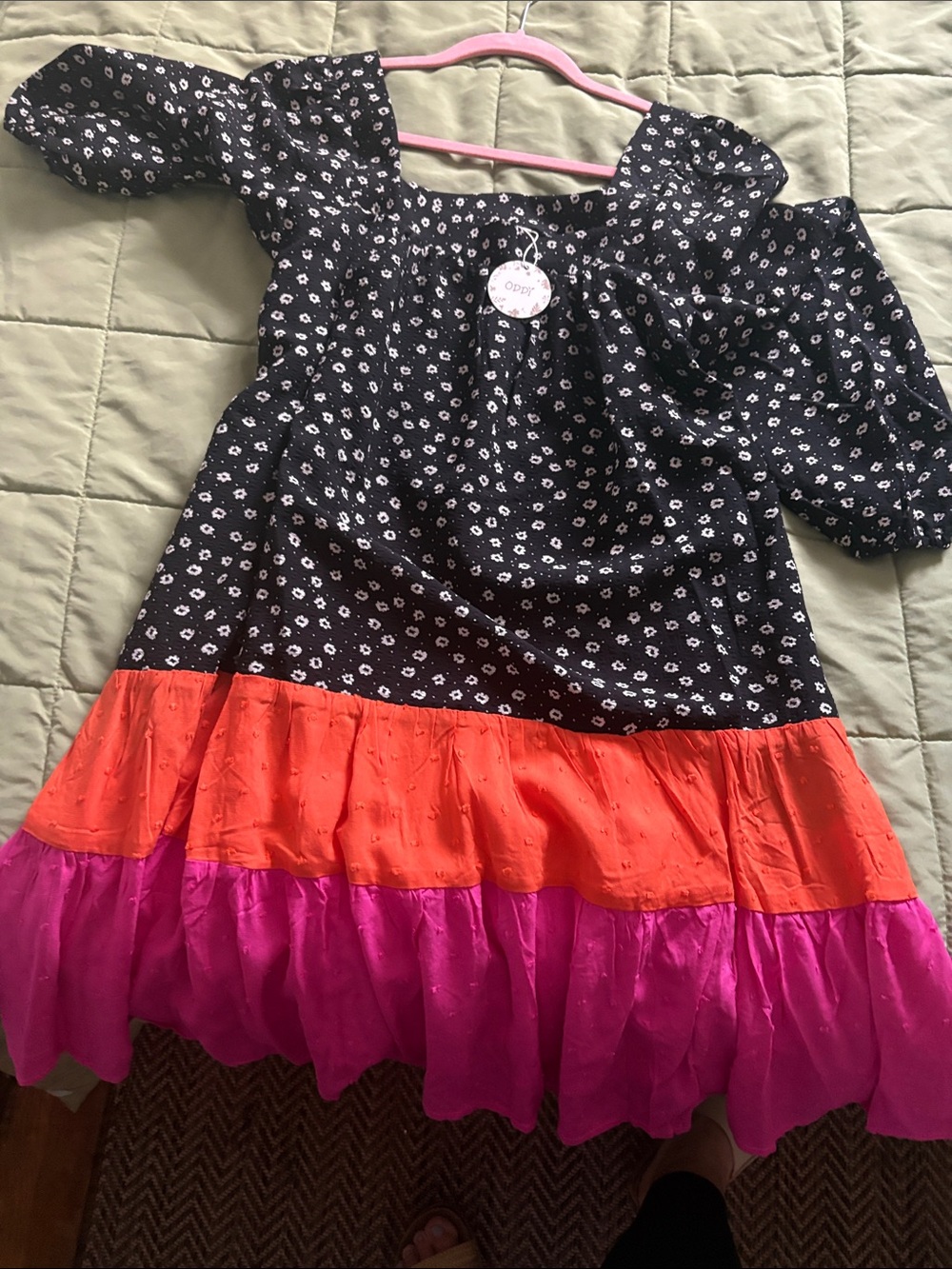 Girls Black Floral Off-Shoulder Dress with Orange and Pink Tiered Hem